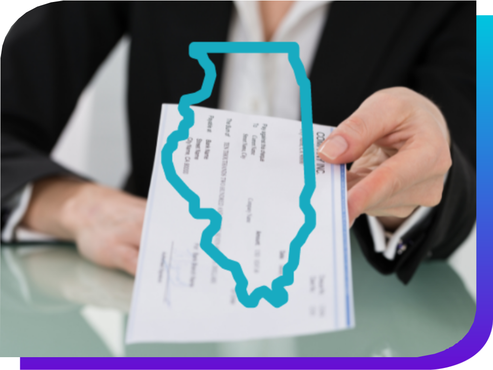 woman holding paycheck with Illinois outline